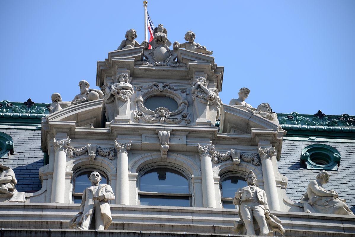 09-4 New York Surrogates Court Roof Statues Representing Philosophy, Poetry, Childhood With Abram Stevens Hewitt And Philip Hone Below In New York Financial District